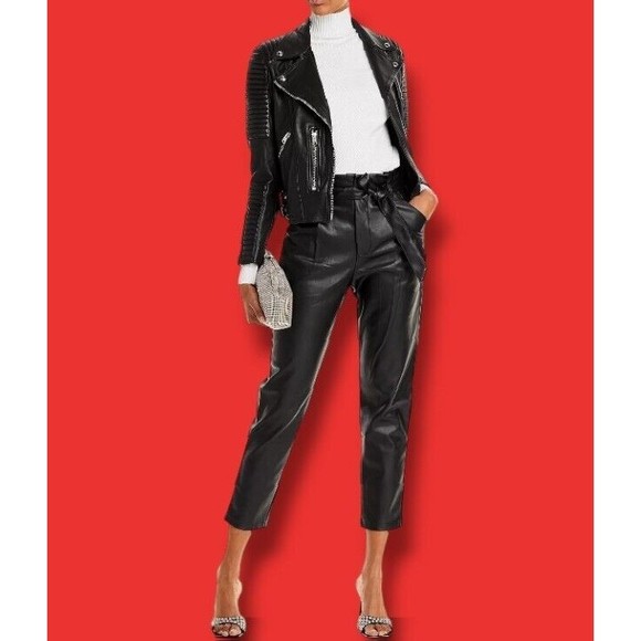 Lucy Paris Belted Paper Bag Waist Black Faux Leather High Rise Womens Sz L Pant - Picture 2 of 16